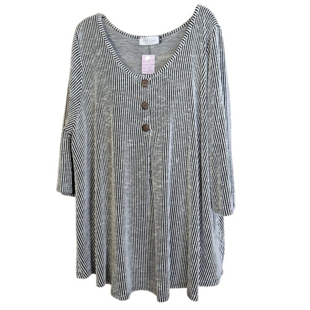 Star Vixen Plus Size 3XL Blouse Black White Stripe Tunic 3/4 Sleeve Knit Stretch